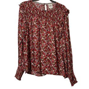 Knox Rose size XL pink ditsy floral smocked neck and cuffs long sleeve Boho top